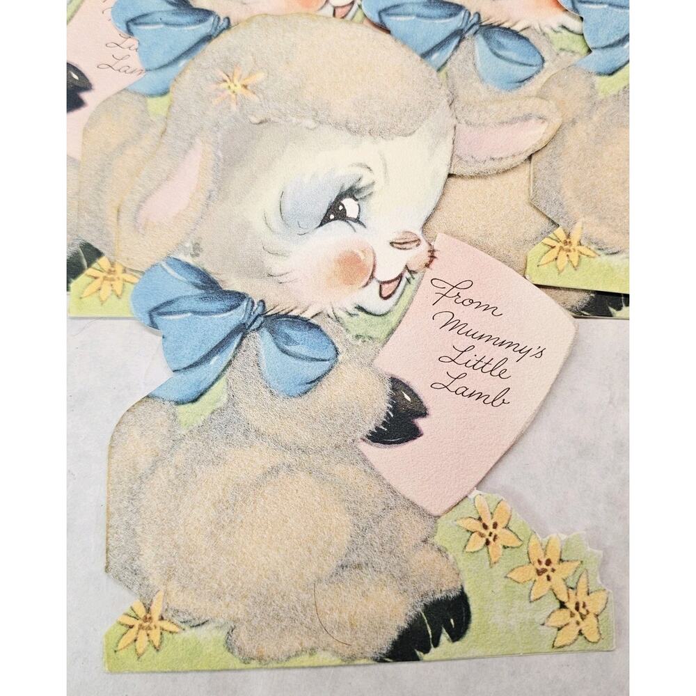 Vintage Greeting Card Mother's Day Lamb Baby Sheep Flocked Die-Cut 1950s Unused